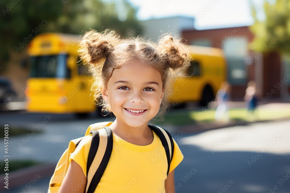 Cheerful 5-Year-Old Girl in Blank White T-Shirt with Yellow School Bus in Background Cheerful 5-Year-Old Girl in Blank White T-Shirt with Yellow School Bus in Background
