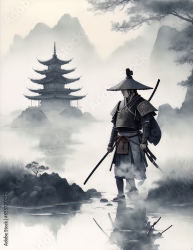 Ronin Samurai by the Pagoda, Passion, Respect and Knowledge. Commitment to Excellence, Bushido Spirit. Ancient Traditions. Path of the Warrior. Mastering the Blade. © Radovan