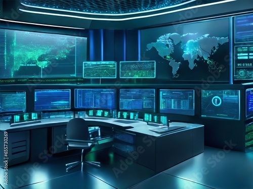 Modern Data Center. Surveillance Center illustration. Futuristic Technology Internet and Big Data Connection. Cybersecurity Digital Data.