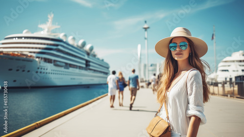 Attractive tourist near big cruise liner in port