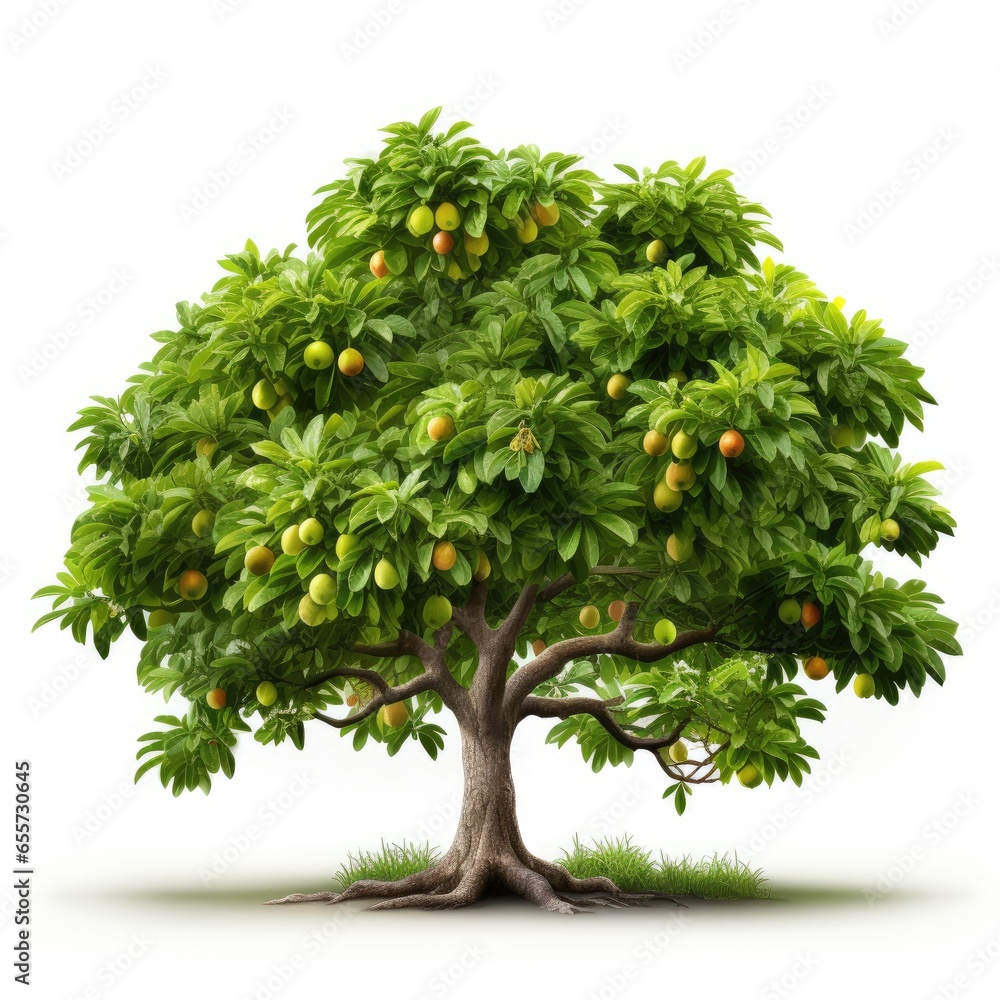 Full View Mango Tree Mangifera Indicaon A Completely, Isolated On White Background, For Design And Printing