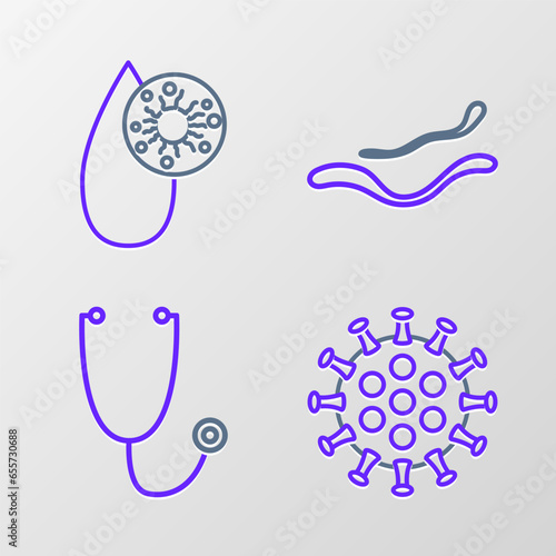Set line Virus, Stethoscope, Ebola virus disease and Blood test and icon. Vector