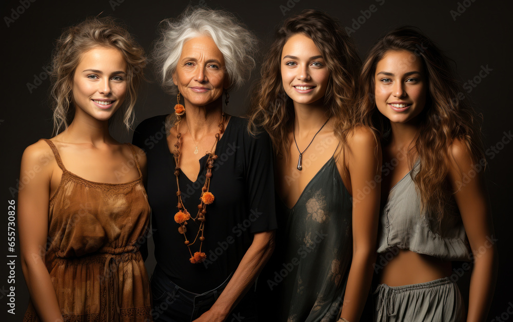 Fototapeta premium Women of different ages pose in the studio to celebrate their bodies. Body positive concept. Generative Ai