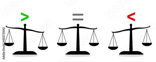 Libra Set of scales icons. Left-right preference of old scales. Financial black scales icons on white background vector illustration EPS 10
