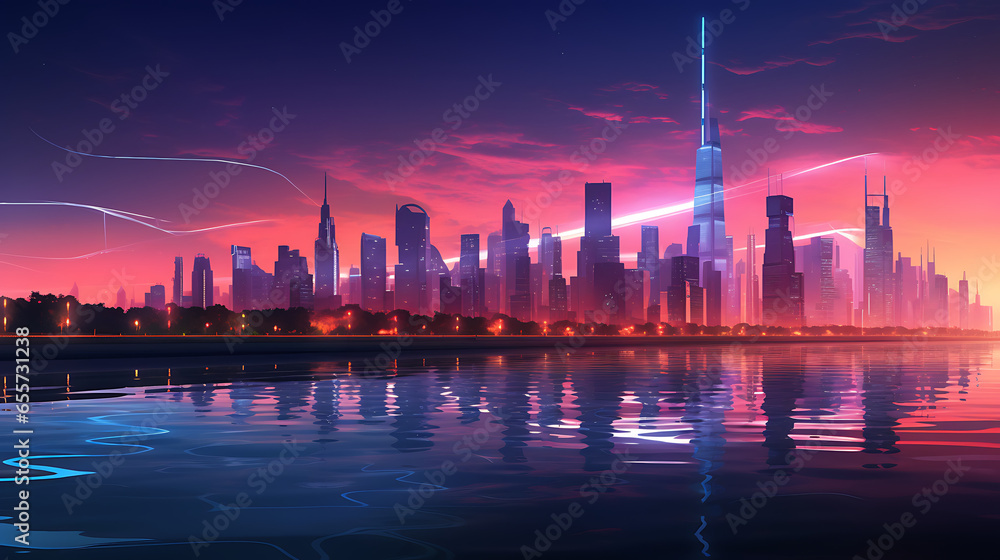 Obraz premium A futuristic city skyline at dusk, with neon lights reflecting on the calm waters of a river, giving the cityscape a cyberpunk feel.