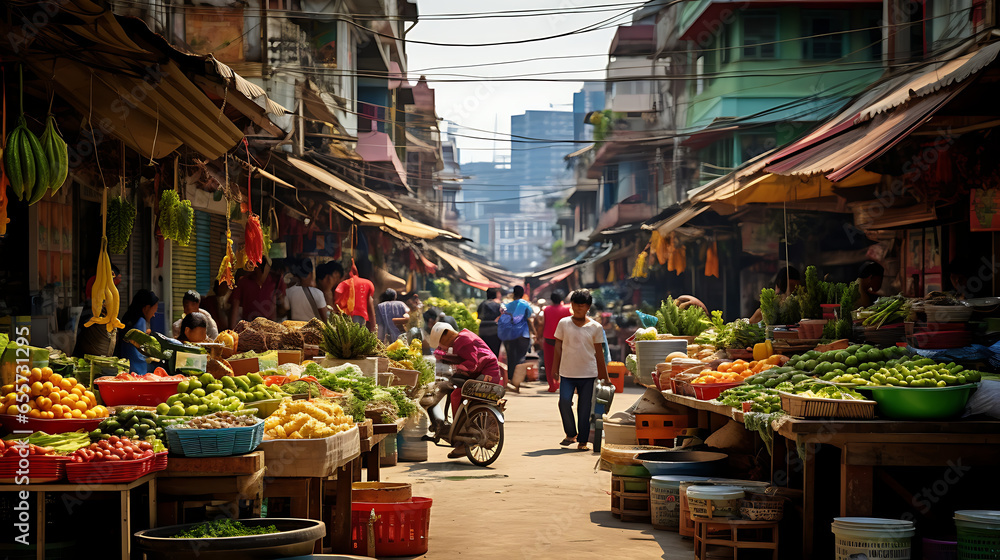 A vibrant, bustling marketplace in a bustling Asian city. Colorful stalls are filled with exotic fruits, spices, and textiles, and the aroma of street food fills the air