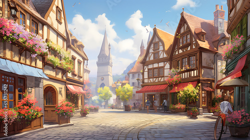A charming European village square with cobblestone streets, colorful buildings adorned with flower boxes, and locals enjoying coffee at outdoor cafes