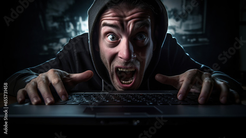 Computer user gamer in a dark room staring at the monitor and screaming, the concept of addiction to pc games