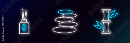 Set line Bamboo, Aroma diffuser and Stack hot stones icon. Glowing neon. Vector