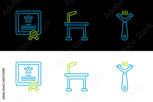 Set line Hair brush for dog and cat, Certificate and Pet grooming table icon. Vector