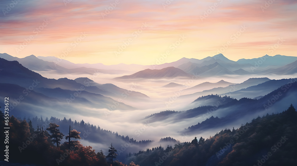 A breathtaking view from a mountaintop at dawn. The world below is shrouded in mist, and the first light of day paints the sky in soft pastel hues. A breathtaking view from a mountaintop at dawn. The world below is shrouded in mist, and the first light of day paints the sky in soft pastel hues.