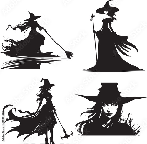 Silhouette witch in hat  Halloween vector icon illustration Halloween witch isolated on white background  