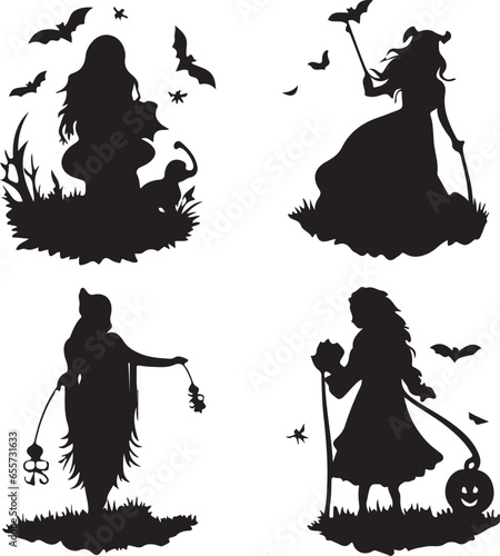 Silhouette witch in hat  Halloween vector icon illustration Halloween witch isolated on white background  