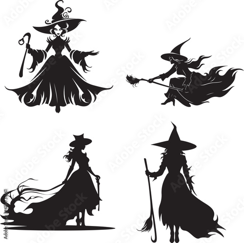 Silhouette witch in hat  Halloween vector icon illustration Halloween witch isolated on white background  