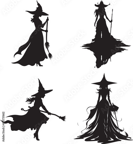 Silhouette witch in hat  Halloween vector icon illustration Halloween witch isolated on white background  