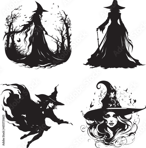 Silhouette witch in hat  Halloween vector icon illustration Halloween witch isolated on white background  