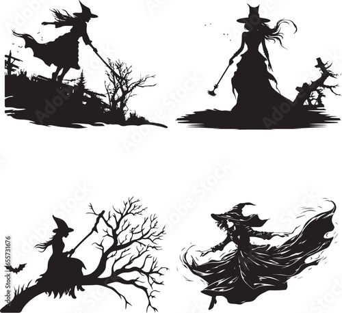 Silhouette witch in hat  Halloween vector icon illustration Halloween witch isolated on white background  