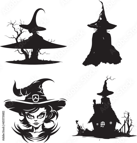 Silhouette witch in hat  Halloween vector icon illustration Halloween witch isolated on white background  