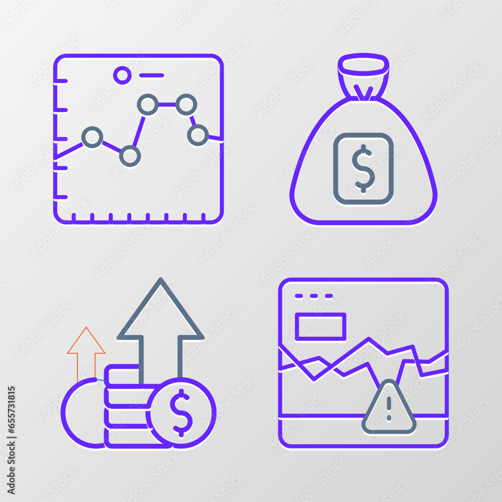 Set line Failure stocks market, Financial growth and coin, Money bag and Browser with graph icon. Vector Set line Failure stocks market, Financial growth and coin, Money bag and Browser with graph icon. Vector