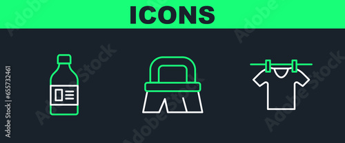 Set line Drying clothes, Bottle for cleaning agent and Brush icon. Vector