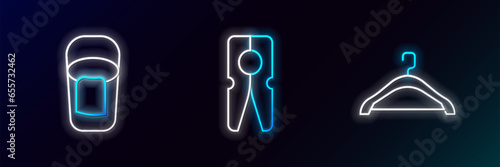 Set line Hanger wardrobe, Bucket with rag and Clothes pin icon. Glowing neon. Vector
