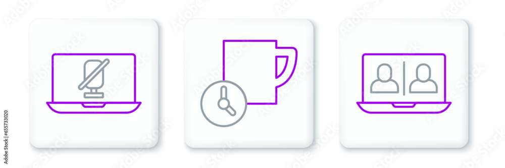 Set line Video chat conference, Mute microphone laptop and Time management icon. Vector Set line Video chat conference, Mute microphone laptop and Time management icon. Vector
