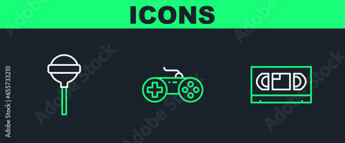 Set line VHS video cassette tape, Lollipop and Gamepad icon. Vector