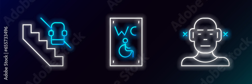 Set line Deaf, Disabled elevator and Separated toilet for disabled icon. Glowing neon. Vector