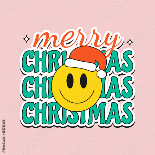 Groovy retro sticker with Merry Christmas phrase and funny cartoon face. Xmas hippie poster, print. Vector illustration