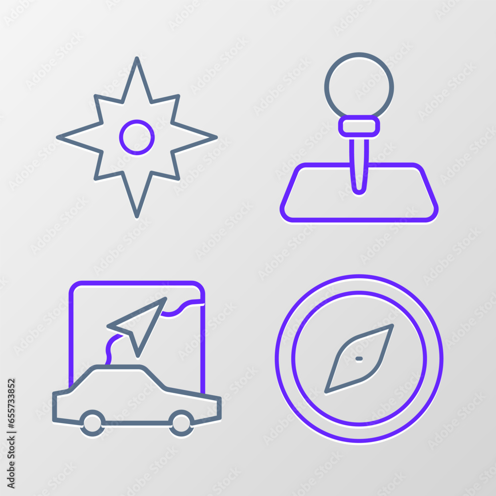Set line Compass, City map navigation, Push pin and Wind rose icon. Vector