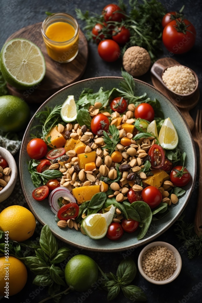A colorful and refreshing salad plate with a variety of fresh vegetables and tangy lemons A colorful and refreshing salad plate with a variety of fresh vegetables and tangy lemons