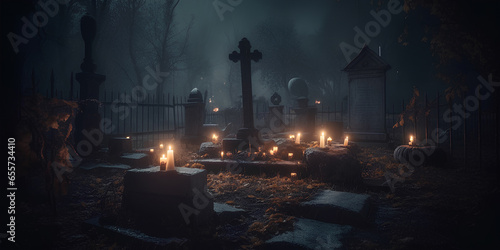 Old scary cemetery with graves and tombstones at misty night