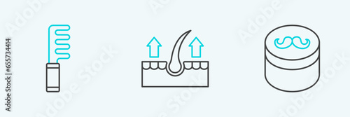 Set line Gel or wax for hair styling, Hairbrush and Human follicle icon. Vector