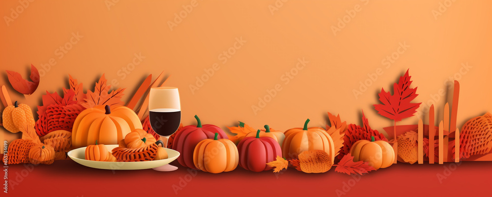 Orange colored thanksgiving and autumn food and nature graphic design with copy space, AI generated illustration