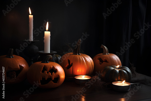 Halloween pumpkins and candles on dark background photo