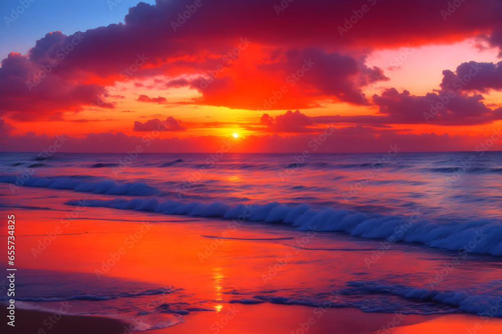 colorful, stunning sunset on the beach