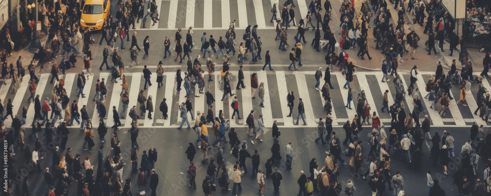Large crowd of people moving in busy city center across streets, AI generated image