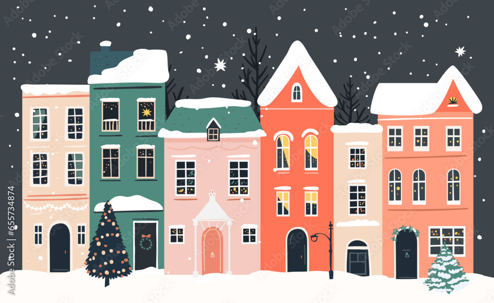 Christmas town, european houses street with falling snow. Winter city scene, vector illustration for greeting card design