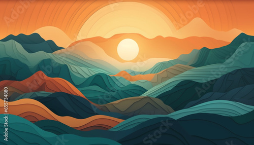 Abstract autumn landscape with hills in teal and orange colors, illustration generated with AI