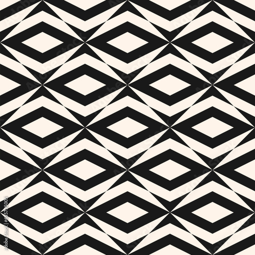 Simple vector geometric seamless pattern with rhombuses, diamonds, mosaic tiles. Black and white ornament. Abstract monochrome background texture. Modern repeat geo design for decor, print, package