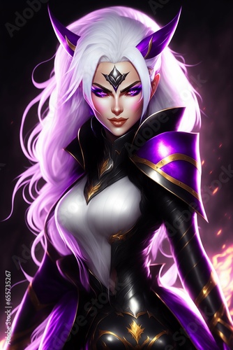 halloween witch with a broom ((((anime style)))), cinematic light, crazy girl with white hair, evil grin, syndra, league of legends, lol,  woman with dark crown haired,