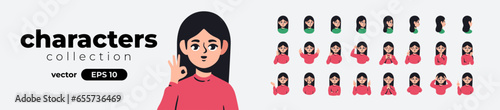 Girl, young woman set. Casual wear. Different emotions and gestures. Cartoon people in different poses and actions. Cute female character. Simple design. Flat style vector illustration.