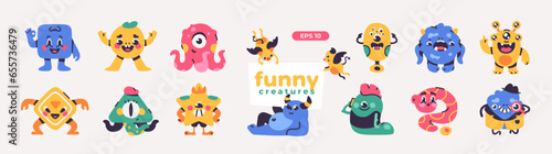 Cute funny cartoon monsters set. Simple shapes. Vector illustration eps10. Funny colorful characters. Different emotions. Simple flat design. Stickers. © Ihor