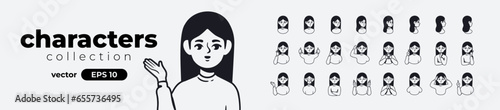 Girl, young woman set. Casual wear. Different emotions and gestures. Cartoon people in different poses and actions. Cute female character. Simple design. Flat style vector illustration.