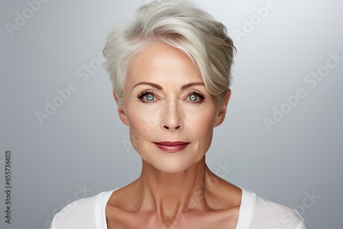 A closeup portrait of a mature, cheerful woman in her 60s, radiating happiness and confidence.
