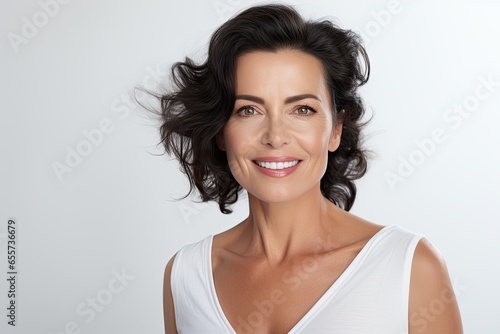 A joyful and confident mature woman in her 60s  exuding natural beauty and positivity in her portrait.