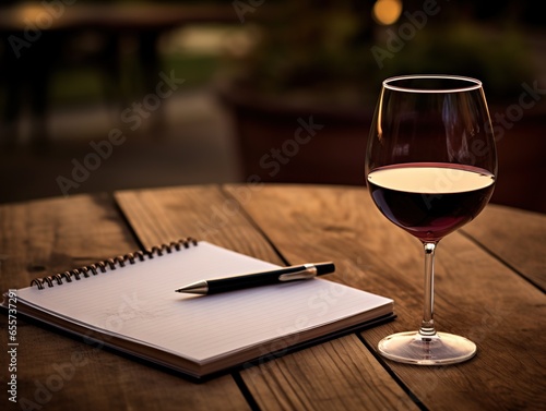 notepad and glass of wine with a pen on it nostalgic atmosphere