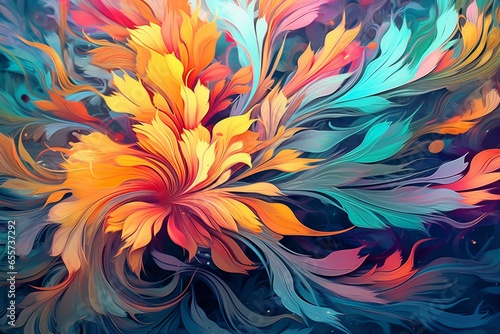 Abstract, vibrant, swirling patterns with floral motifs and fractal elements. Generative AI