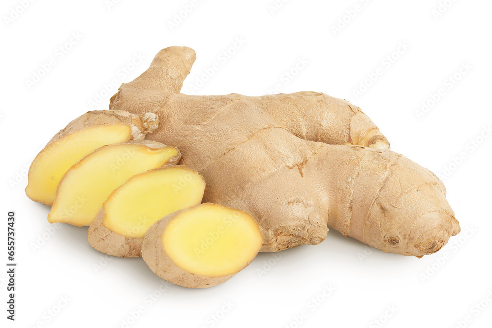 Fresh Ginger root and slices isolated on white background Fresh Ginger root and slices isolated on white background