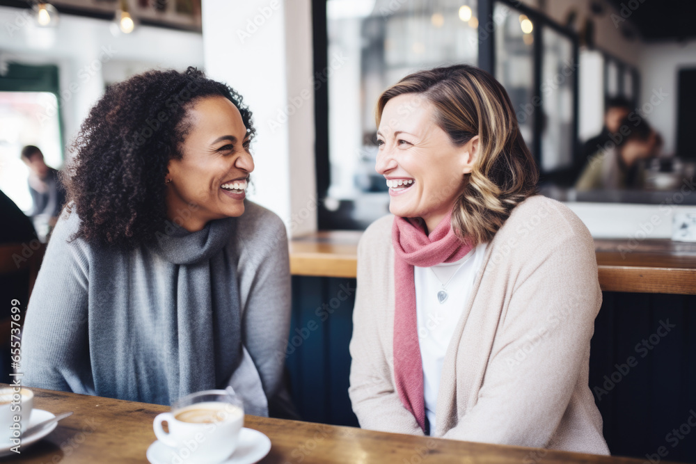 Happy smiling middle aged female friends sitting in a café laughing and talking during a lunch break